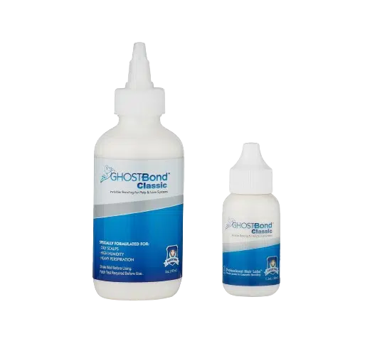 Bottle of GhostBond Classic adhesive for lace and poly hair systems, standing upright on a white background.