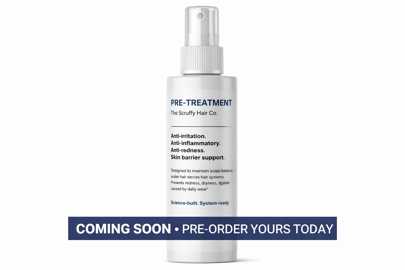 Hair system scalp irritation pre-treatment spray bottle with coming soon pre order label